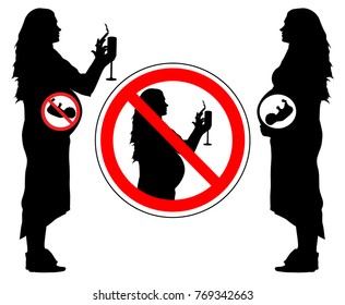 Smoking and drinking alcohol of pregnant woman can lead to miscarriage of baby, forbidden sign, vector.
