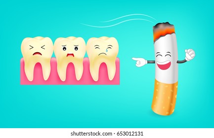 Smoking effect on tooth. Problem from cigarette. illustration of sad tooth. Dental care concept.