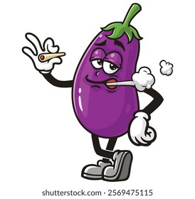 Smoking Eggplant Cartoon Character Mascot Illustration Vector Clip-art Hand-drawn Logo Design