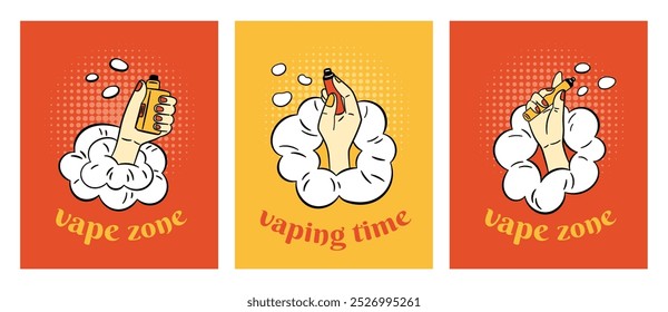 Smoking electronic cigarettes. Vape posters in comics style. Hands holding vaping devices. Tobacco smoking simulation. Arm in smoke cloud. E-cig advertising banners