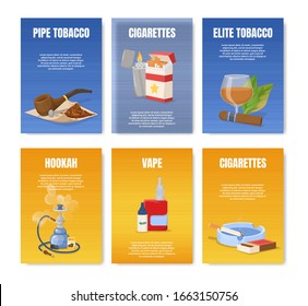 Smoking elite tobacco, bad habits poster set. Tobacco hookah, vape with smoke steam. Cigars, cigarettes, cigarillos, rolls in paper. Snuff, chewing tobacco powder, nicotine, tobacco leaves vector