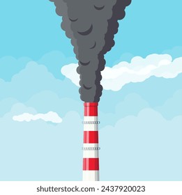 Smoking factory pipe against clear sky with clouds. Plant pipe with dark smoke. Carbon dioxide emissions. Environment contamination. Pollution of environment co2. Vector illustration in flat style