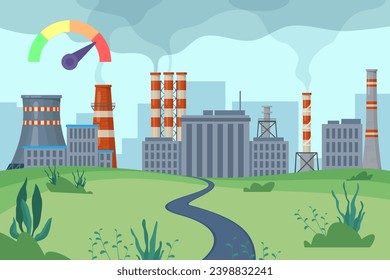 Ilustración vectorial de tuberías de fábrica de tabaco. Impacto de la contaminación en la naturaleza. Smog en el aire. Concepto de nivel de contaminación atmosférica superior