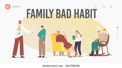 Smoking Family Landing Page Template. Adult Characters Mother, Father, Grandfather Smoke Cigarettes in Presence of Children, Girl Coughing, Boy Copying Dad Behavior. Cartoon People Vector Illustration