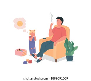 Smoking Father With Sad Child Flat Color Vector Detailed Characters. Bad Habits, Drug Addiction. Kid Neglect. Unhealthy Lifestyle Isolated Cartoon Illustration For Web Graphic Design And Animation