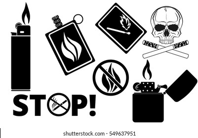 smoking fire black icons set ( burning match stick, gasoline lighter,cigarettes, matches, no smoking)