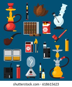 Smoking flat colored icons set with cigarettes cigar matches lighters bong hookah pipe tobacco leaves flat vector illustration 