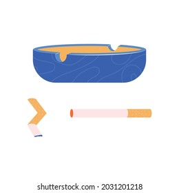 Smoking Flat Composition With Two Cigarettes And Ceramic Ash Tray Isolated Vector Illustration