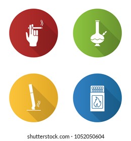Smoking flat design long shadow glyph icons set. Smoker's hand, bong, stubbed out cigarette, matchbox with matchsticks. Vector silhouette illustration
