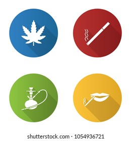 Smoking flat design long shadow glyph icons set. Marijuana leaf, burning cigarette, hookah, smoker's mouth. Vector silhouette illustration