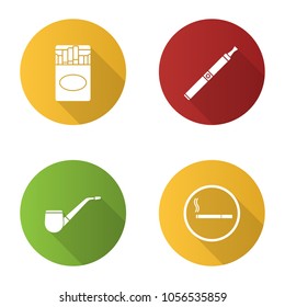 Smoking flat design long shadow glyph icons set. Cigarette pack, e-cigarette, tobacco pipe, smoking area. Vector silhouette illustration
