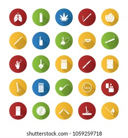 Smoking flat design long shadow glyph icons set. Cigarettes, smoking devices, cannabis culture. Vector silhouette illustration