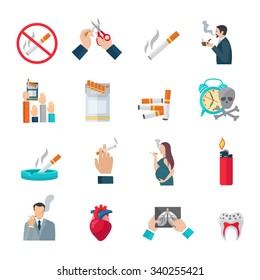 Smoking flat icons set with cigarette danger and hazards symbols isolated vector illustration