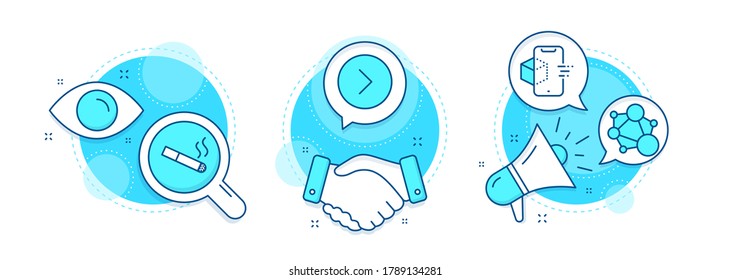 Smoking, Forward and Integrity line icons set. Handshake deal, research and promotion complex icons. Augmented reality sign. Cigarette, Next direction, Social network. Phone simulation. Vector
