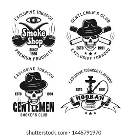 Smoking and gentleman club, hookah lounge set of four vector emblems, labels, badges or logos isolated on white background