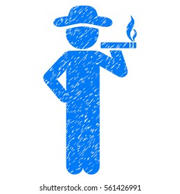 Smoking Gentleman grainy textured icon for overlay watermark stamps. Flat symbol with dirty texture. Dotted vector blue ink rubber seal stamp with grunge design on a white background.