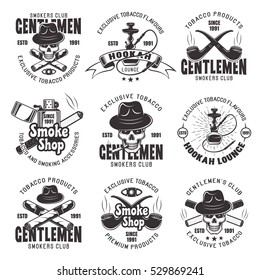 Smoking gentlemen's club, smoke shop and tobacco products set of nine vector emblems, labels, badges, logos in monochrome style isolated on white background