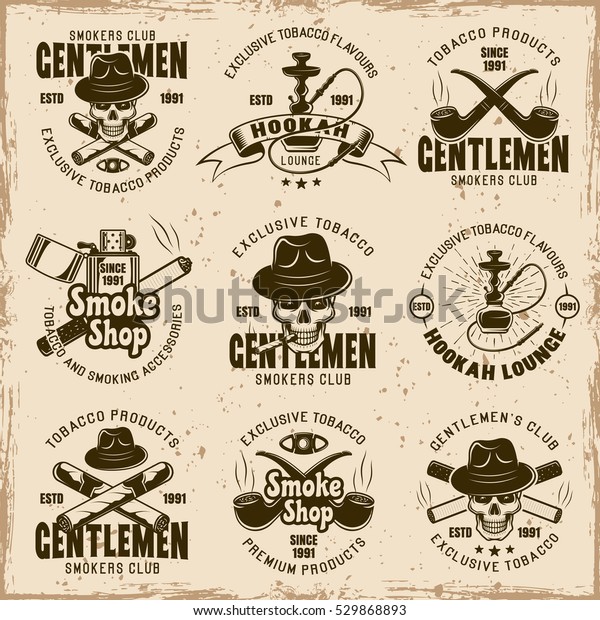 Smoking gentlemen\'s club,\
smoke shop and tobacco products set of vector emblems, labels,\
badges, logos in vintage style on dirty background with stains and\
grunge textures