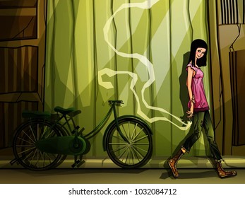 smoking girl walk on vintage green background