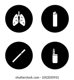 Smoking glyph icons set. Human lungs, flip lighter, cigarette, vape box mod. Vector white silhouettes illustrations in black circles
