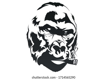 Smoking gorilla in one color. Vector illustration.