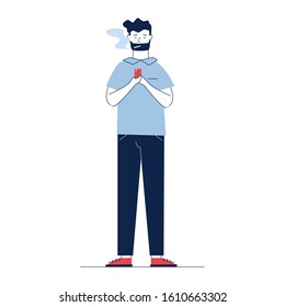 Smoking guy using smartphone. Man with cigarette texting message flat vector illustration. Smoking, addiction, unhealthy habit concept for banner, website design or landing web page