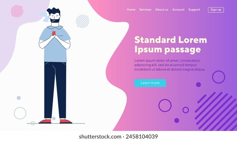 Smoking guy using smartphone. Man with cigarette texting message flat vector illustration. Smoking, addiction, unhealthy habit concept for banner, website design or landing web page