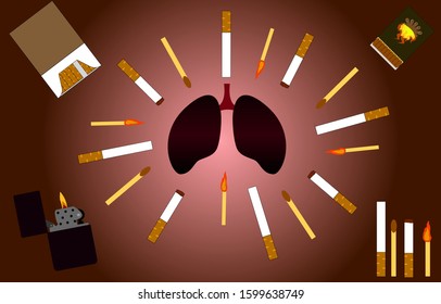 smoking habit. a consequence of smoking is contaminated lungs. illustration. pack of cigarettes, matchbox, lighter. illustration
