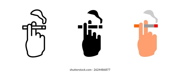 Ícone de mão fumando. Mão humana segurando um cigarro aceso com crescente ilustração de vetor de fumaça. Símbolo de uso de cigarro e dependência de nicotina. Estilo de vida insalubre e sinal de hábito. Pictograma de aviso de risco.