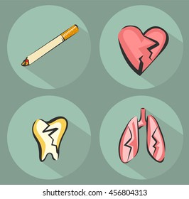 Smoking harm icons and cigarette icon. Suffering heart, lungs and tooth. Vector illustrations set in retro modern style
