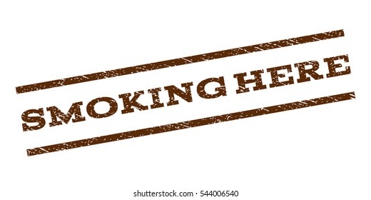 Smoking Here watermark stamp. Text caption between parallel lines with grunge design style. Rubber seal stamp with scratched texture. Vector brown color ink imprint on a white background.