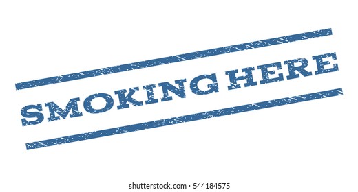Smoking Here watermark stamp. Text caption between parallel lines with grunge design style. Rubber seal stamp with unclean texture. Vector cobalt blue color ink imprint on a white background.