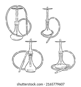 Smoking Hookah Lounge Cafe Tool Vintage Vector. Silicone Rubber Compounds Used For Hookah Hoses Instead Of Leather And Wire. Relaxation Accessory Monochrome Designed In Retro Style Illustration