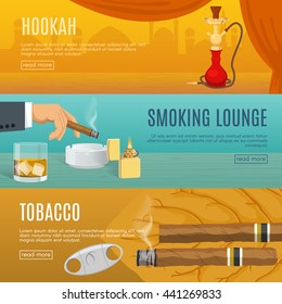 Smoking horizontal banners set with hookah room comfortable lounge tobacco products and accessories isolated vector illustration