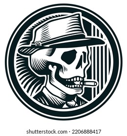 Smoking Human Skull Logo With Circle Accent Added. Vector Inspiration. Design Element For Logo,tshirt,poster,emblem. Vector Illustration.