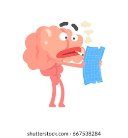 Smoking humanized cartoon brain character examine document, intellect human organ vector Illustration