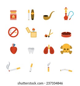 Smoking icon flat set with lighter tobacco pipe cigarette isolated vector illustration