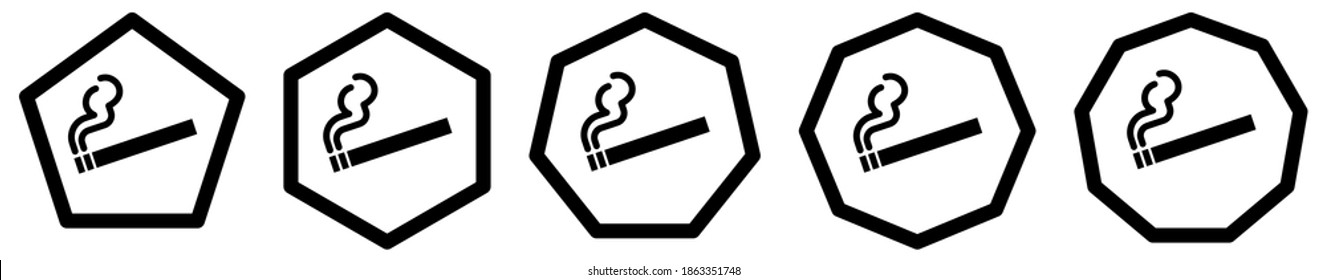 Icono de fumar en polígonos con un número diferente de bordes. Signo de cigarrillo