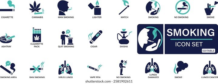 Smoking icon set cigarette, cannabis, smoke, vape, cigar, ashtray, You can easily change the color.