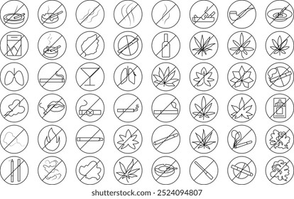 Don’t smoking icon set for logo and T-Shirt. Thin line art editable stroke.