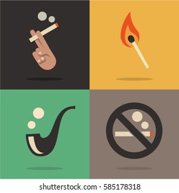 Smoking icon set, vector flat illustration. Hand, cigarette, match, pipe, no smoking