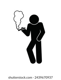 smoking icon, stick figure human silhouette with cigarette, man standing, isolated vector