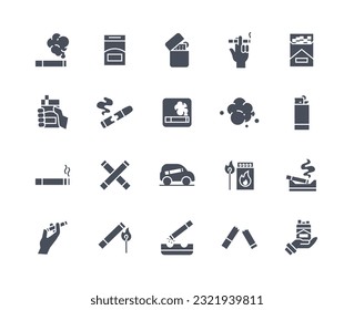 Smoking icons black set. Cigar and cigarette. Bad habits and unhealthy lifestyle. Danger tobacco and nicotine. Matches and lighter. Linear flat vector collection isolated on white background