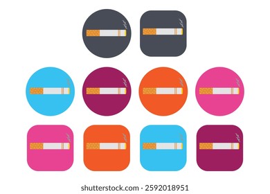 Smoking icons. Cigarette with smoke vector icon between colourful circle and square shape. Smoke cigarette vector set isolated on white background. Vector illustration.