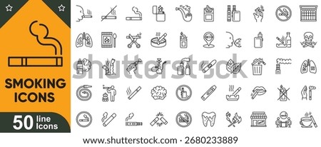 Smoking icons set. Cigarettes, cigars, vapes, hookahs, pipes, ashtrays, matches, lighters, health warnings and no smoking signs vector illustration collection.