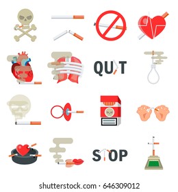 Smoking icons set. Colored  symbols collection with stop smoking design elements. Concept healthy style of life. Isolated. Vector.