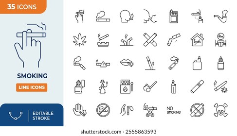 Smoking icons set. Set of editable stroke icons. Containing cigarette, cannabis, smoke, vape, cigar, ashtray, nicotine and more.