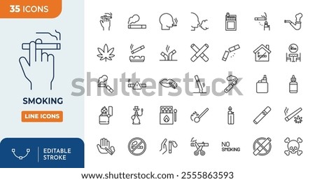 Smoking icons set. Set of editable stroke icons. Containing cigarette, cannabis, smoke, vape, cigar, ashtray, nicotine and more.