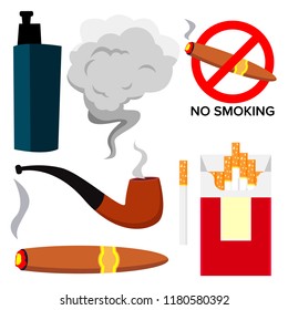 Smoking Icons Vector. Cigarette, Cigar, Protect Symbol, Electronic Cigarette, Vape. Addiction. Isolated Cartoon Illustration