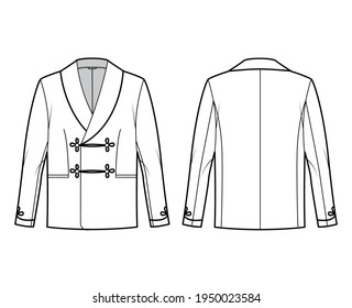 Smoking jacket technical fashion illustration with double breasted, long sleeves, shawl collar, besom pockets. Flat pajama top coat template front, back, white color style. Women men unisex CAD mockup